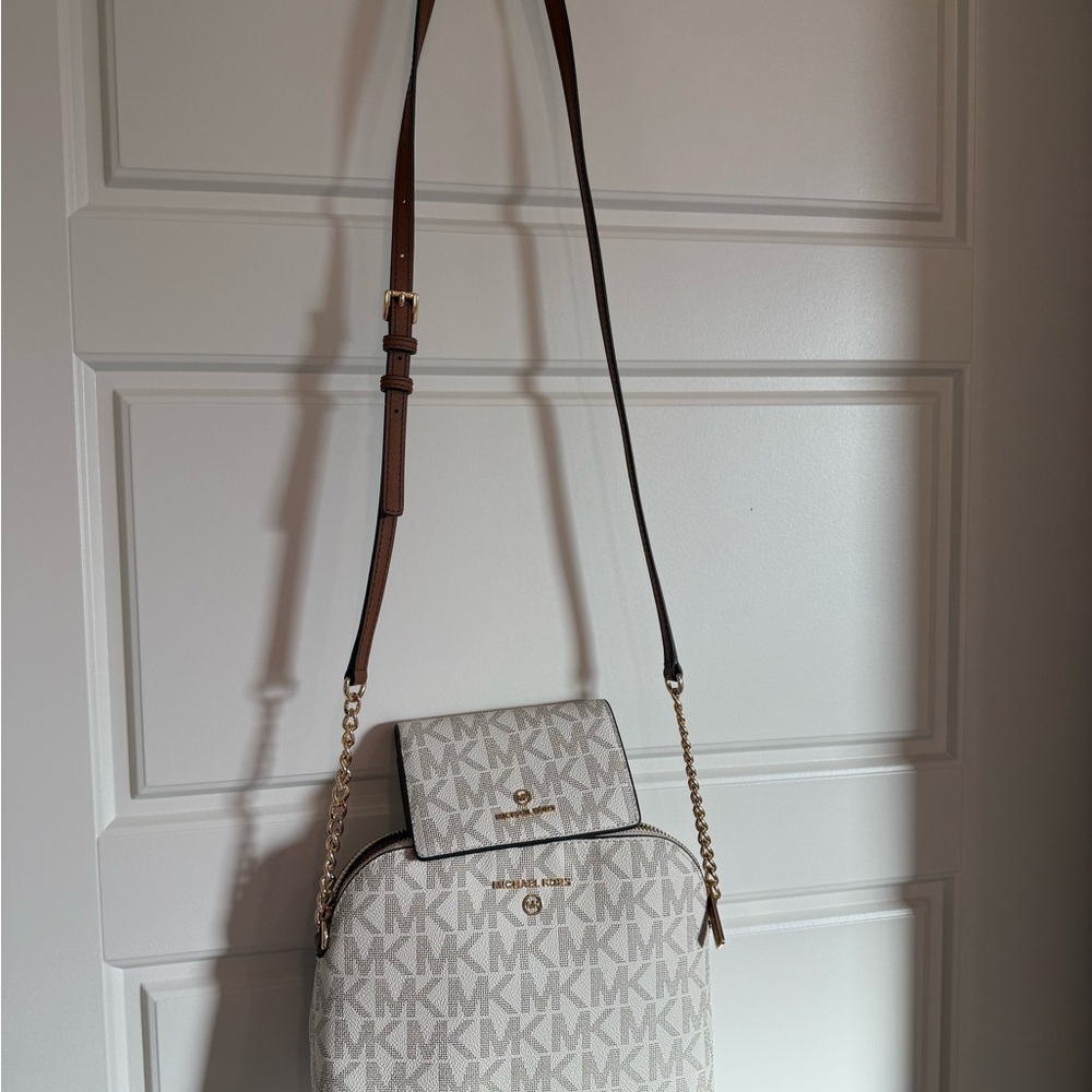 Michael Kors Cream and Brown Logo Purse and Wallet Set